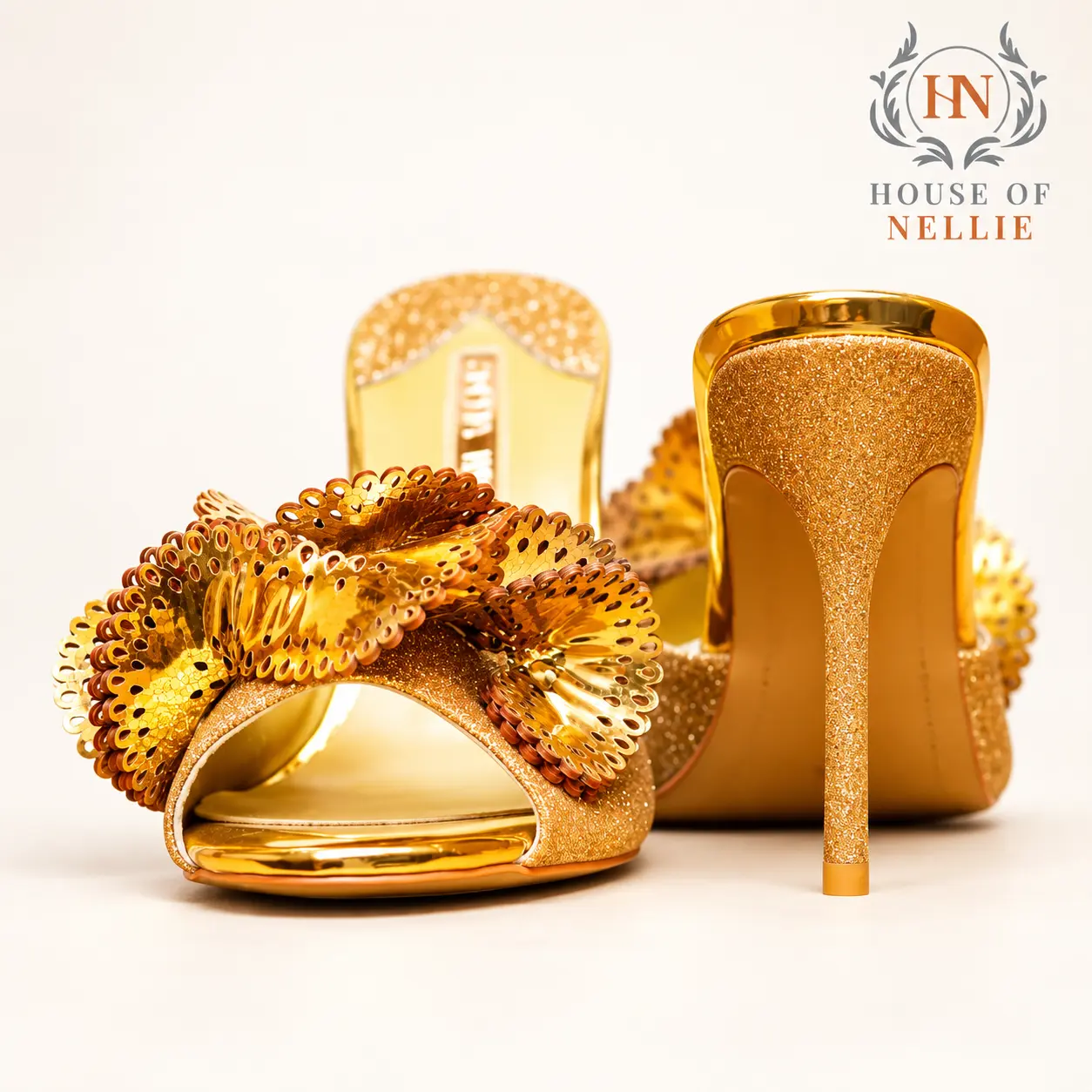 Gold Glitter Ruffle Stiletto Mules